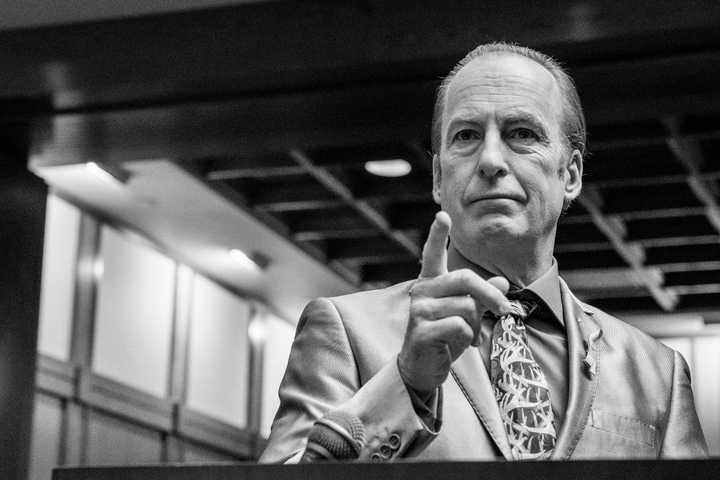 Saul Goodman stands with his finger pointed in court in Better Call Saul.