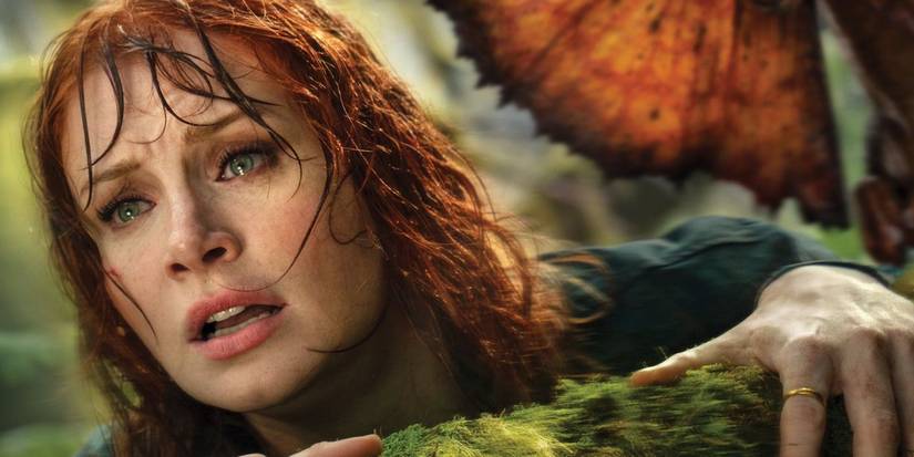 Bryce Dallas Howard wet and looking tired in a poster for Jurassic World Dominion
