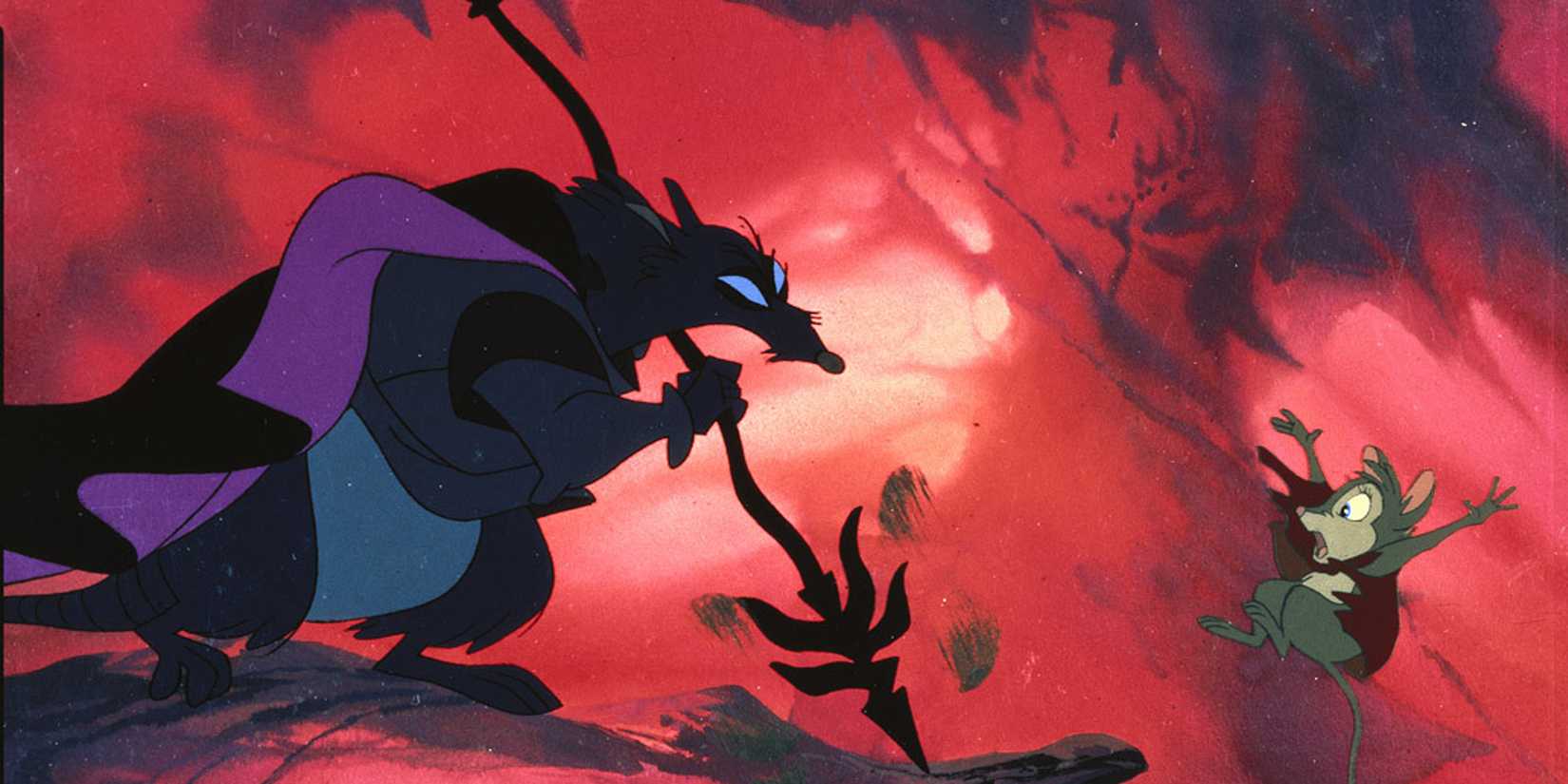 A small mouse is flung back by an ominous black rat in 'The Secret of NIMH' (1982)