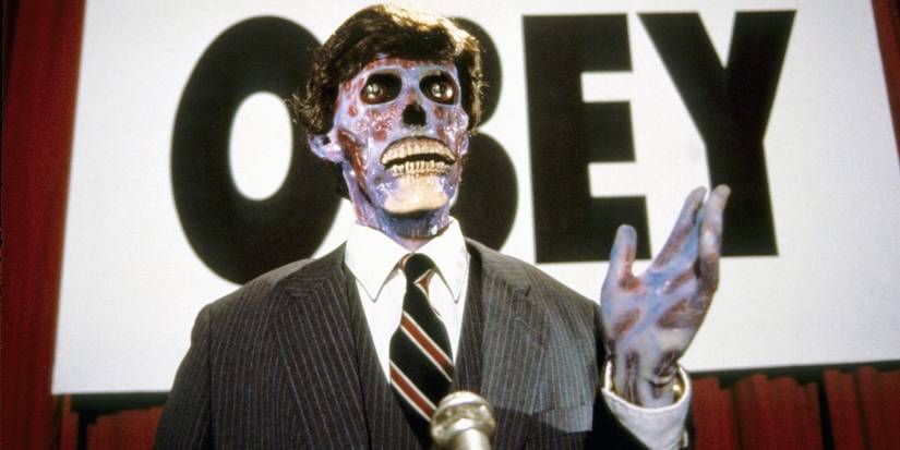 An alien inside a human standing in front of an Obey sign in They Live