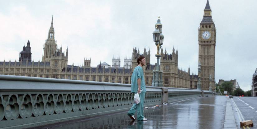 A hospital patient walking through an empty London