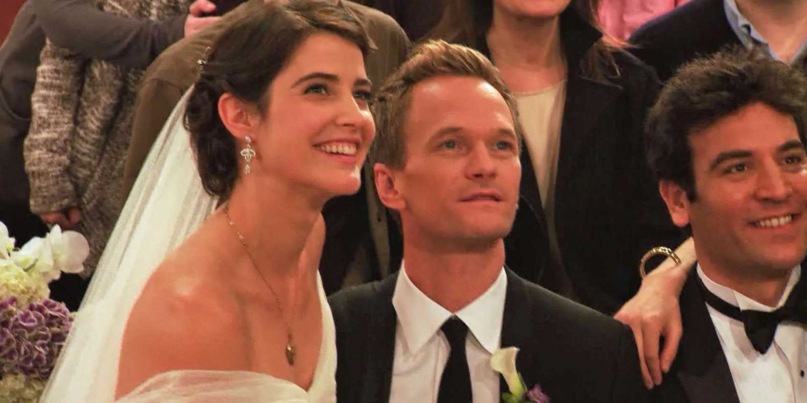Barney (Neil Patrick Harris) and Robin (Cobie Smulders) from How I Met Your Mother at their wedding