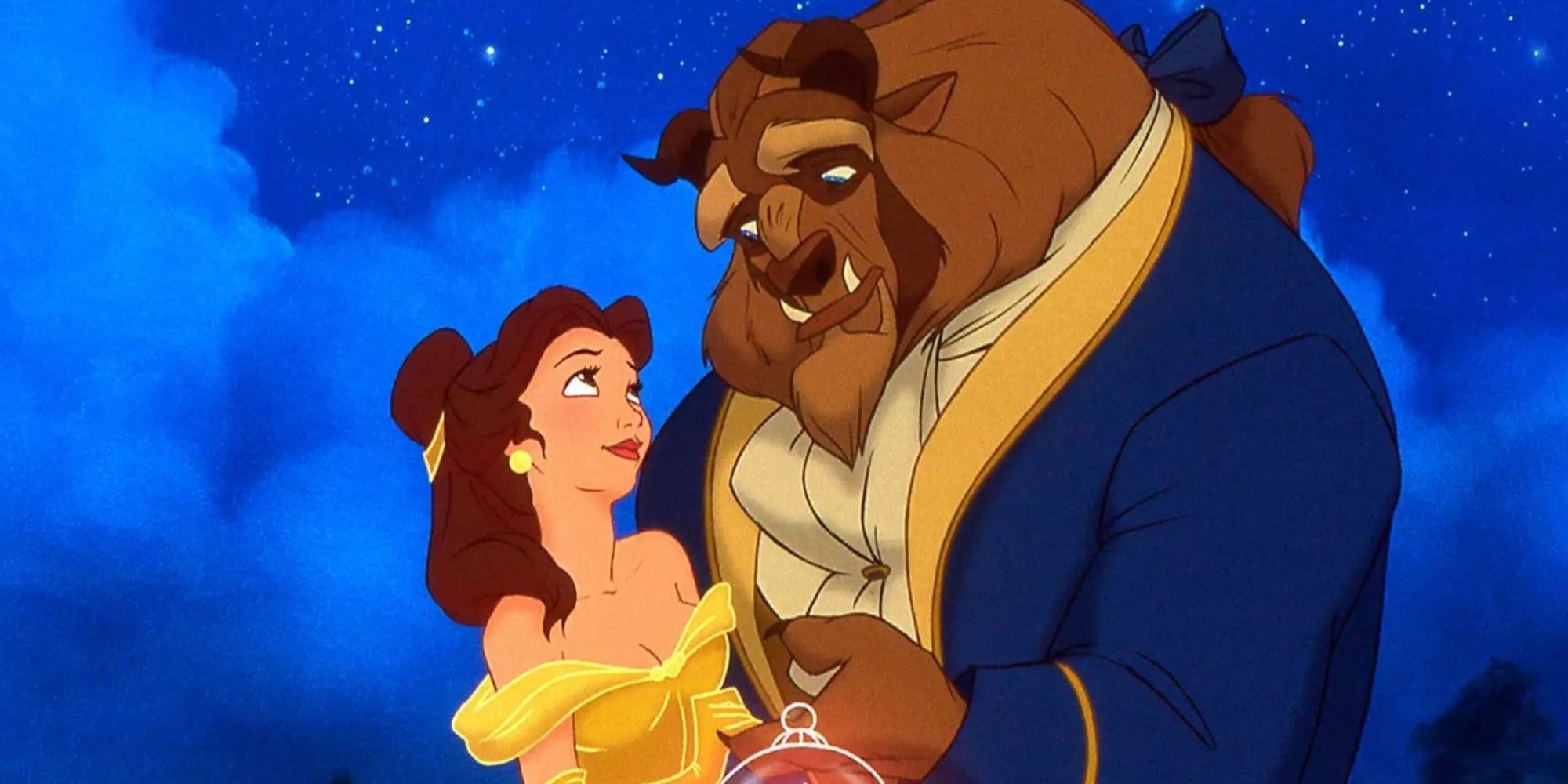 Belle and the Beast looking at each other lovingly in Beauty & the Beast.