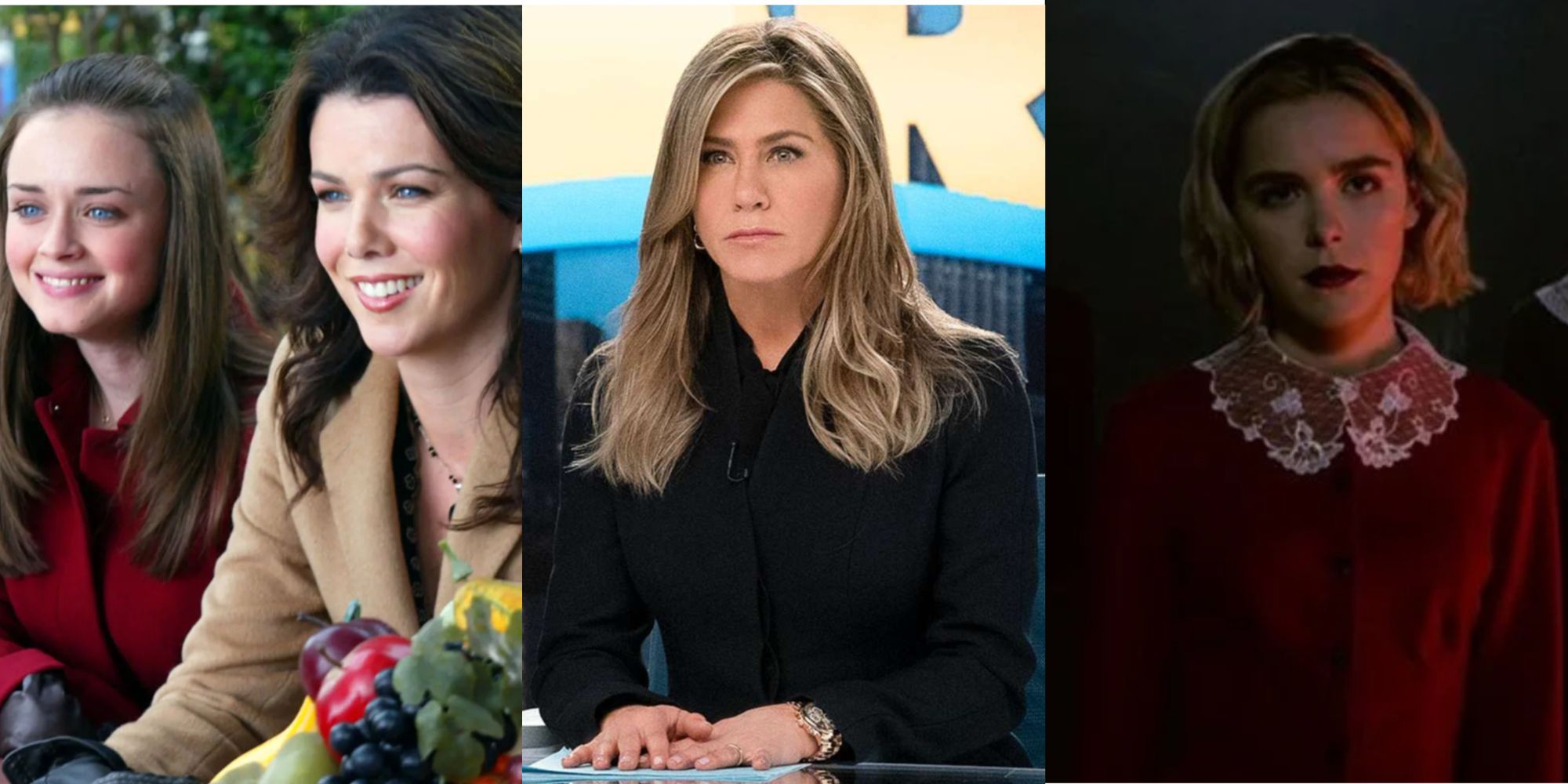 Alexis Bledel, Lauren Graham, Jennifer Aniston and Kiernan Shipka in three panels