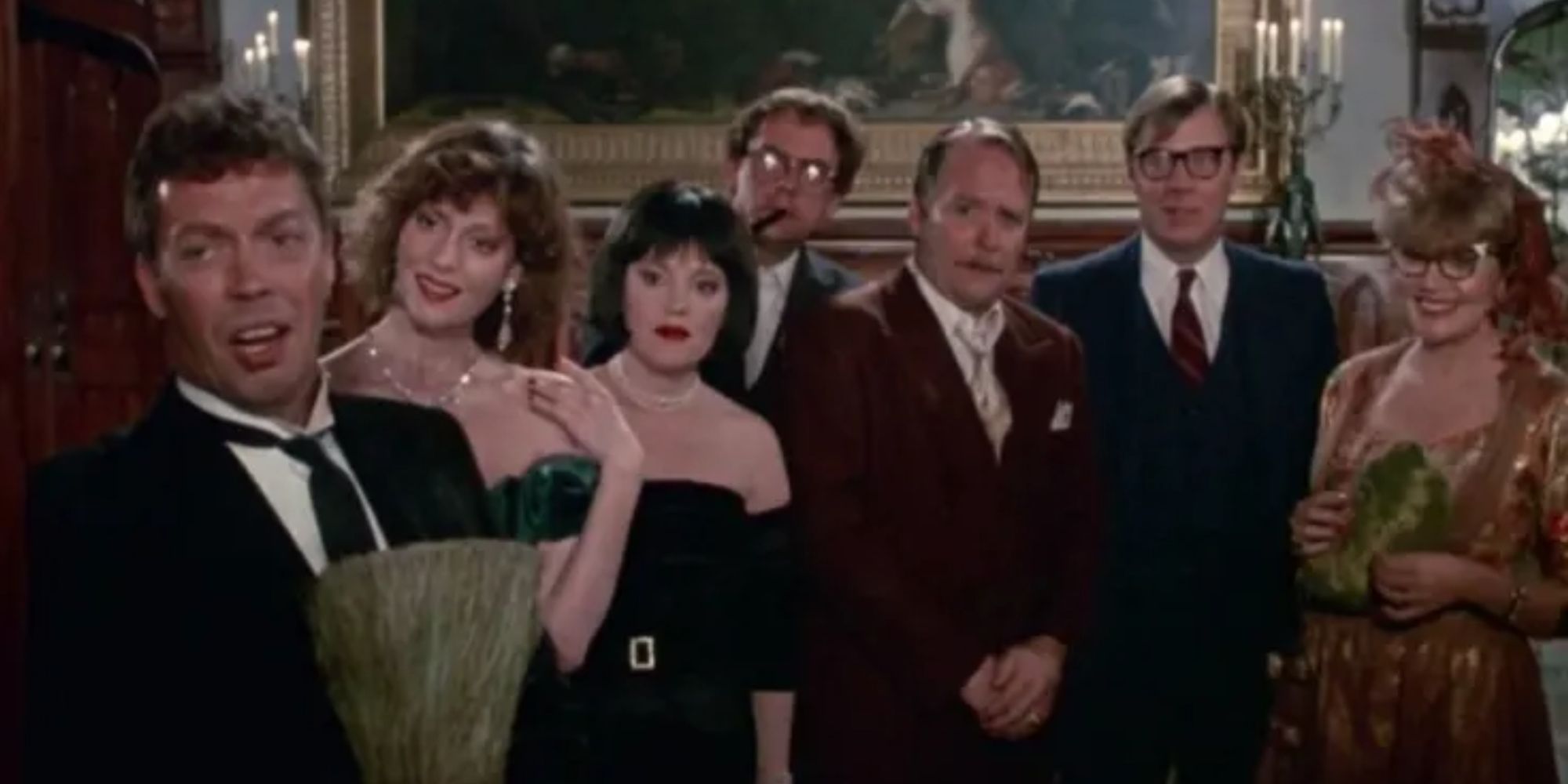 The cast of 'Clue' all looking off to the side 
