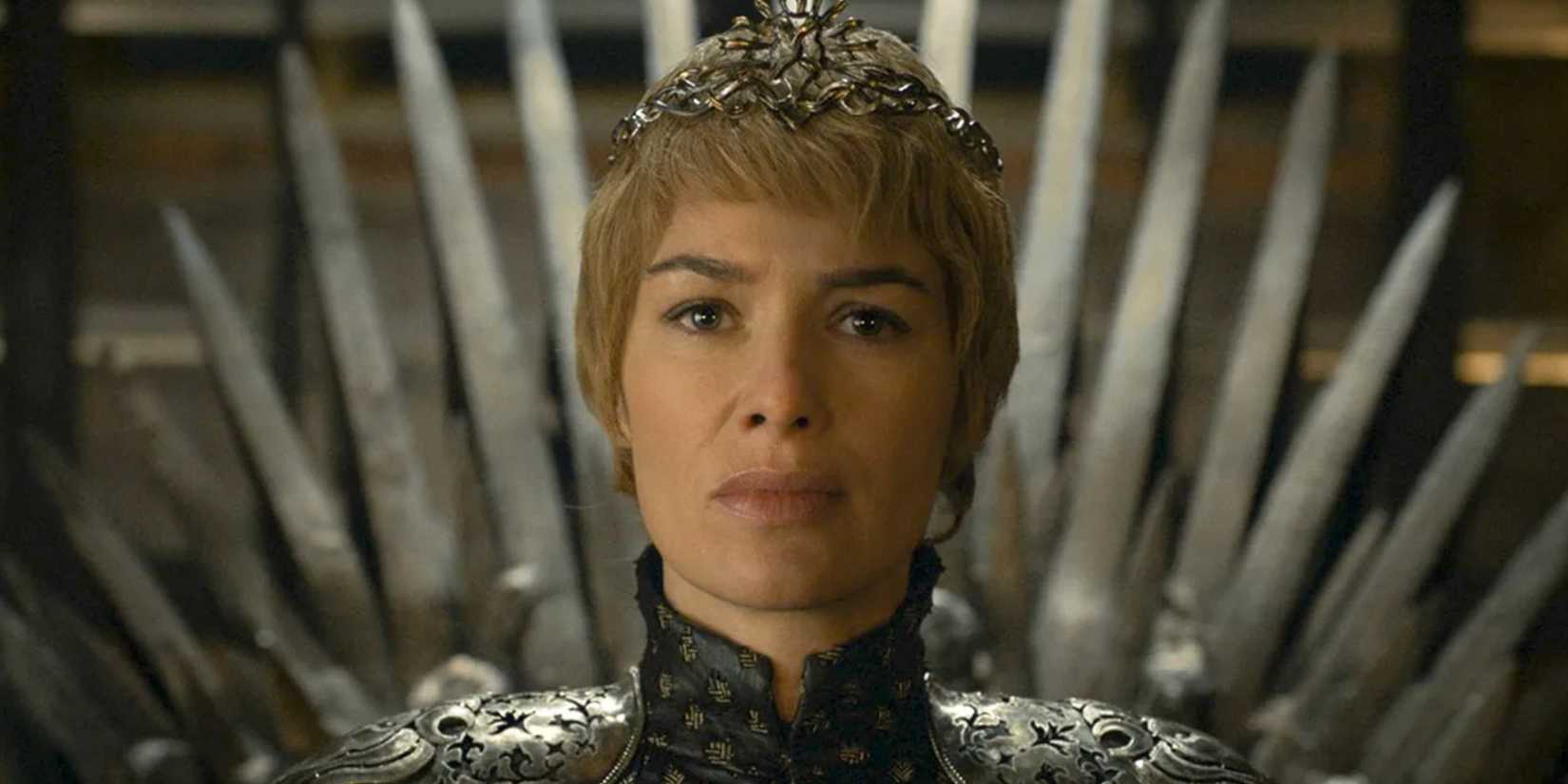 Lena Headey as Cersei sitting on the Iron Throne in Game of Thrones.