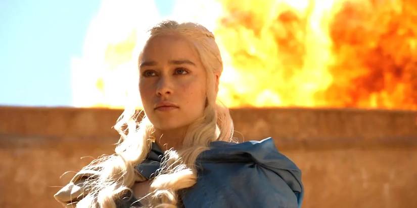 Daenerys Targaryen standing in front of an explosion of fire in Game of Thrones