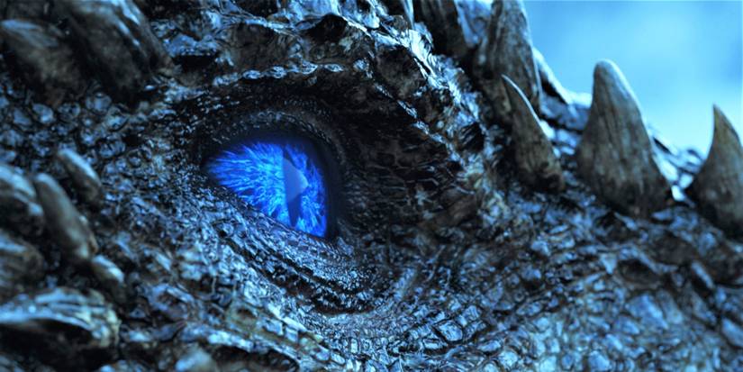 A close-up of Viserion's bright blue eye in Game of Thrones