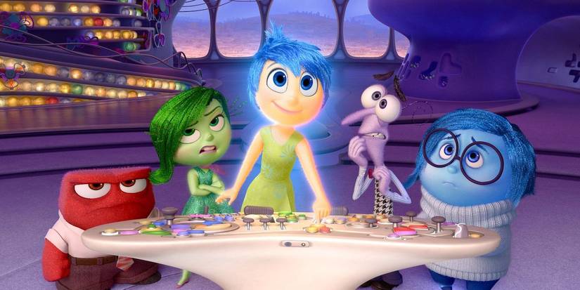 (Left to right) Anger, Disgust, Joy, Fear, Sadness stand at the helm of control in Pixar's Inside Out.