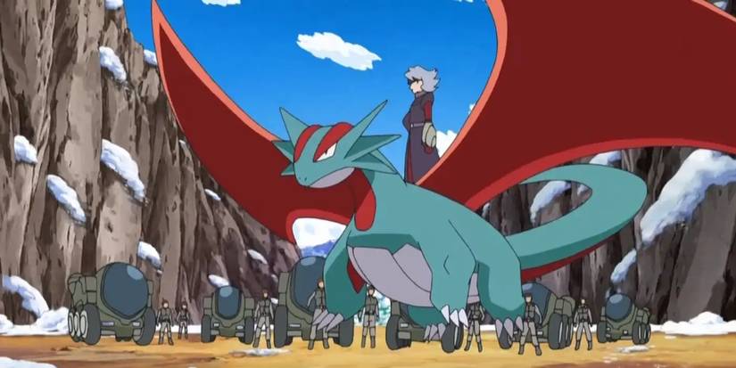 Pokémon Hunter J riding her Salamence as she leads her team in a hunt.