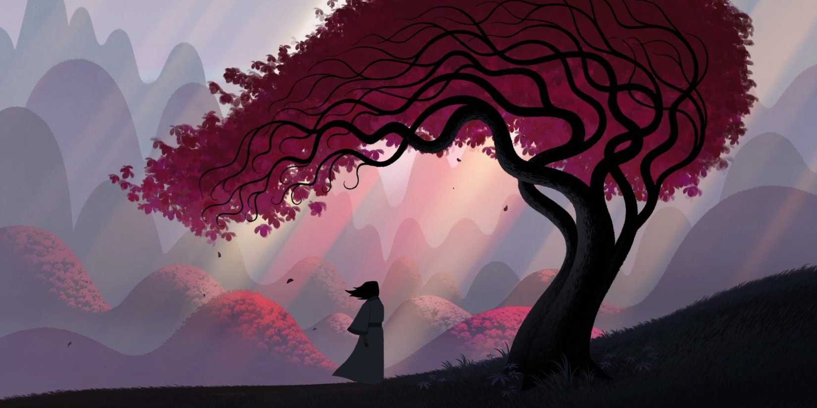 Samurai Jack next to a tree with mountains in the background in Samurai Jack.
