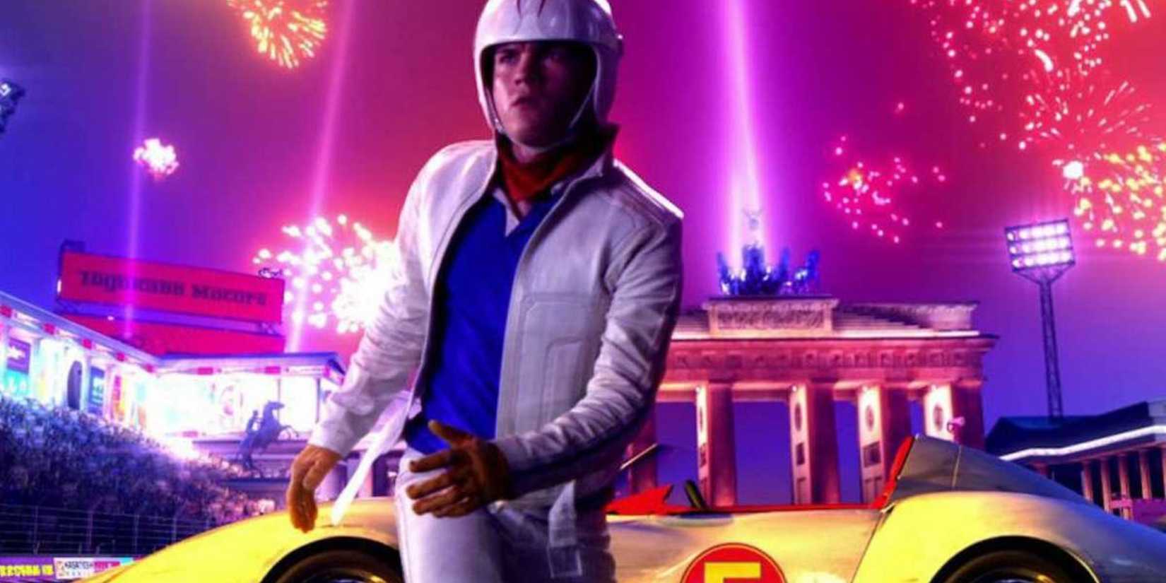 Speed Racer walking away from his race car
