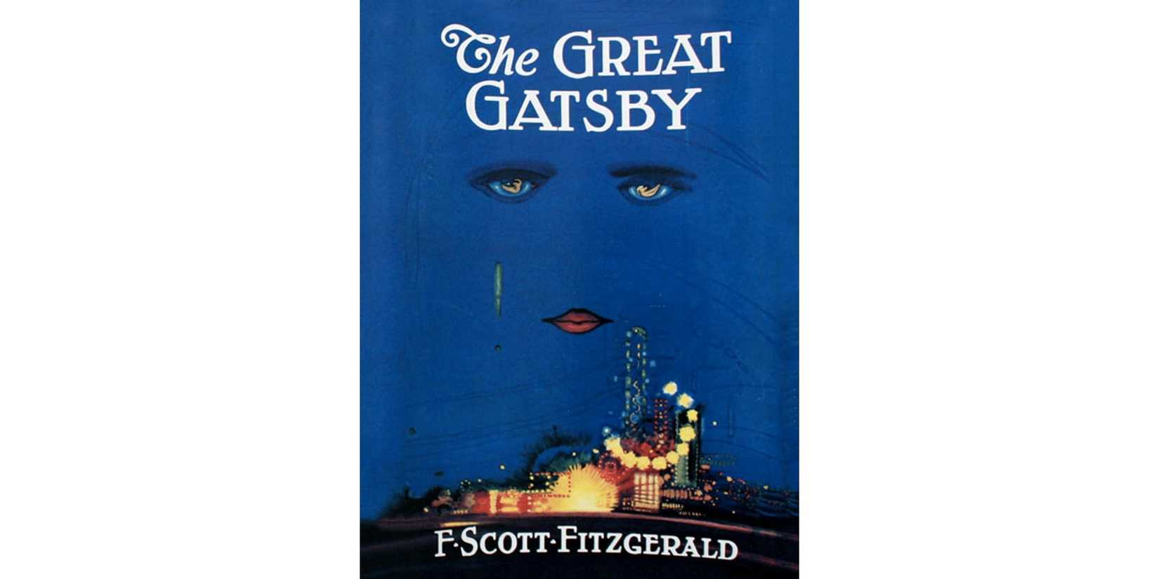 The cover of the book The Great Gatsby by F Scott. Fitzgerald has sad eyes on a blue background.