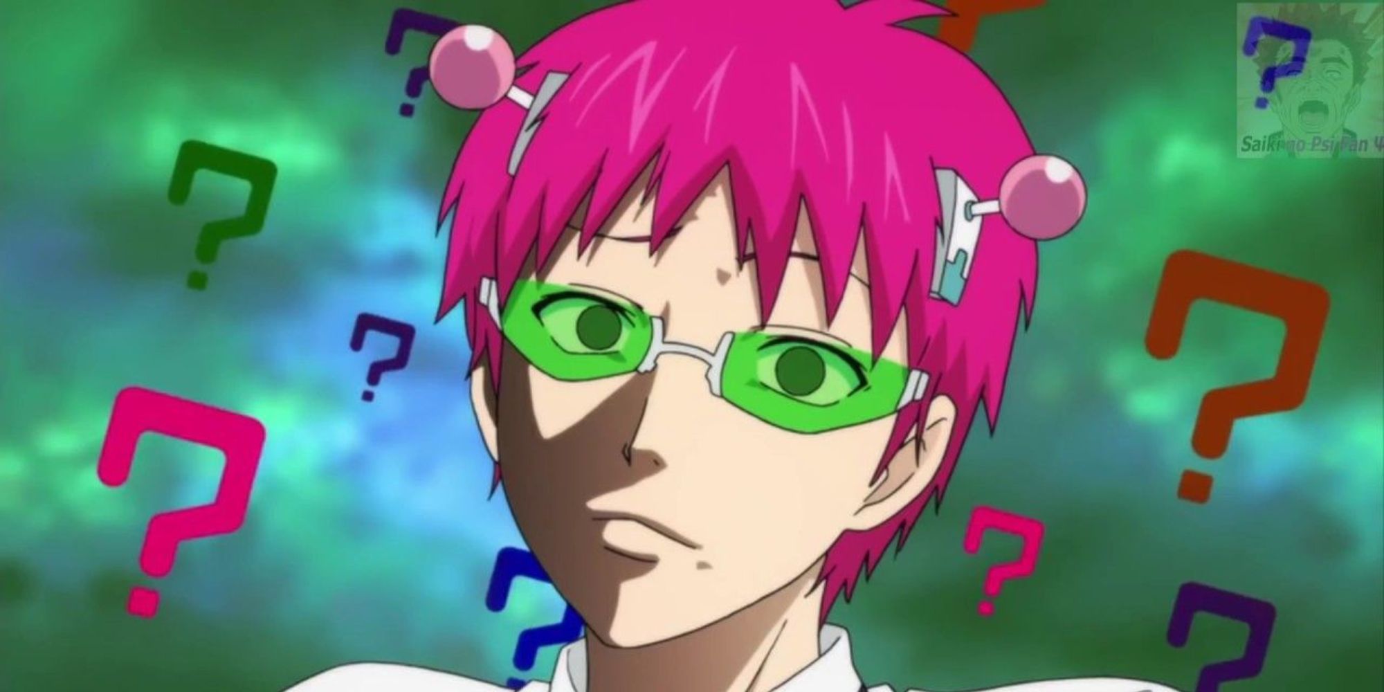 Saiki pulling a confused face surrounded by question marks in The Disastrous Life of Saiki K.