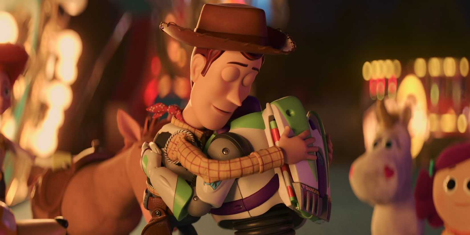 Woody and Buzz hugging in Toy Story 4