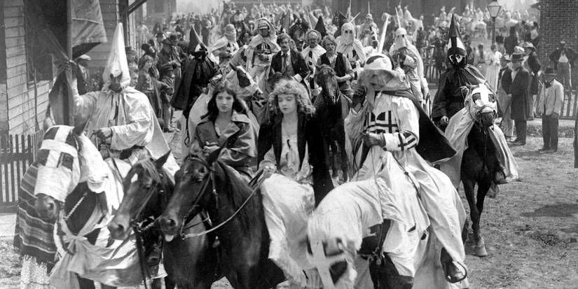 A gathering of the KKK on horseback in the film The Birth of a Nation