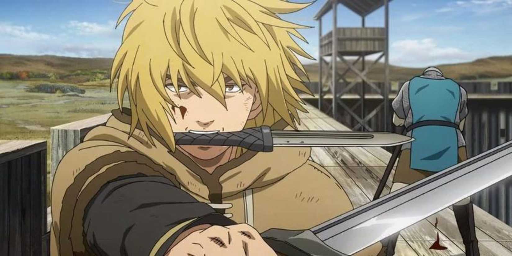 Thorfinn fighting with a sword in Vinland Saga.