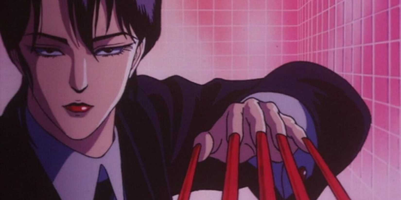 A woman with exaggeratedly long red fingernails pointing them at the camera in Wicked City