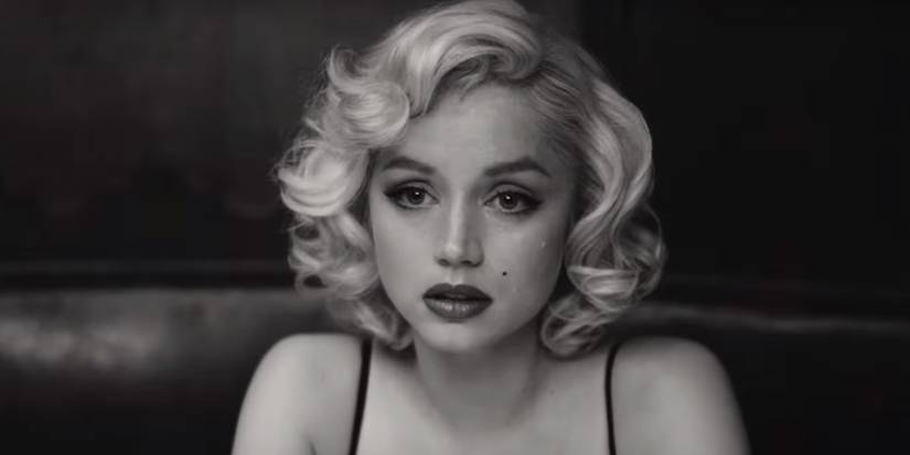 A close-up of Marilyn Monroe crying in Blonde.