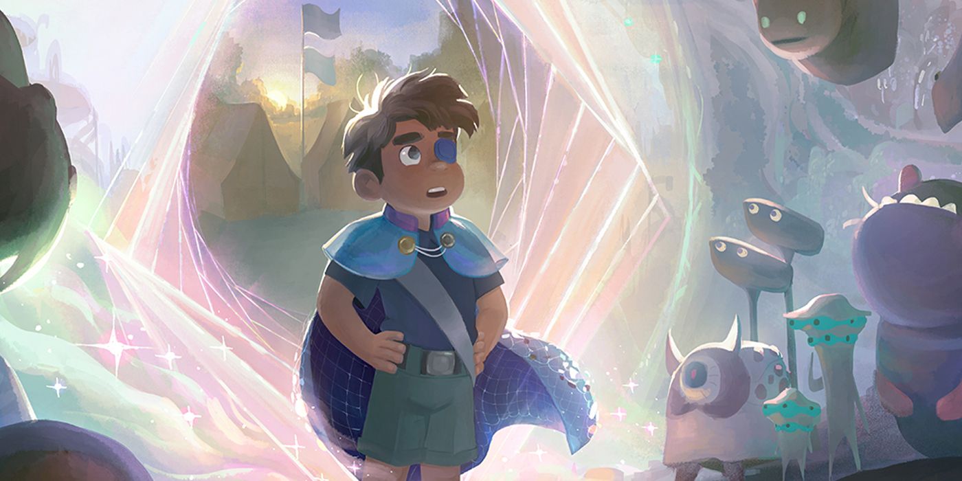 Elio stands surrounded by aliens in the Pixar movie.