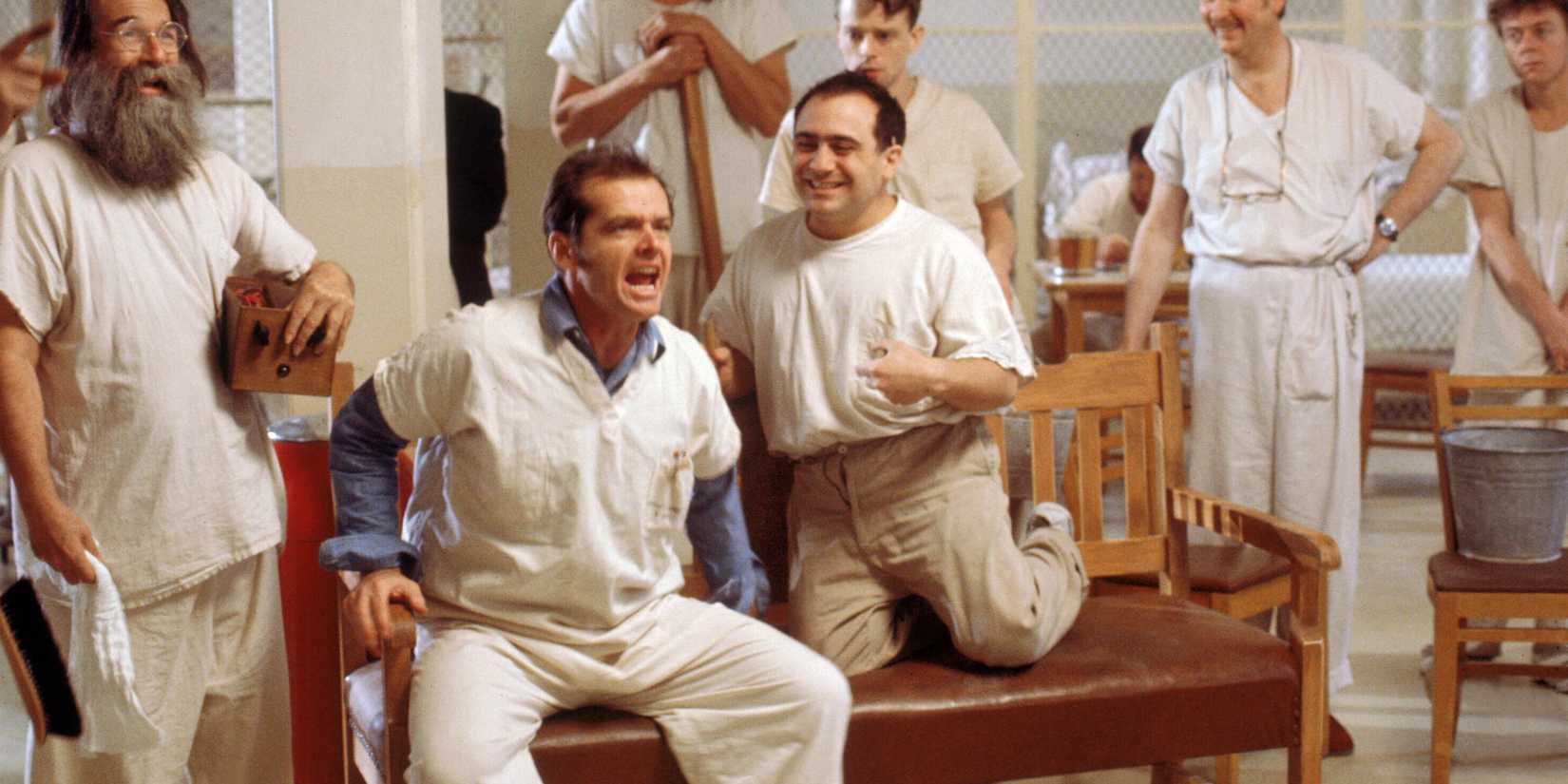 Jack Nicholson as Randle yelling, surrounded by fellow residents in One Flew Over the Cuckoo's Nest.