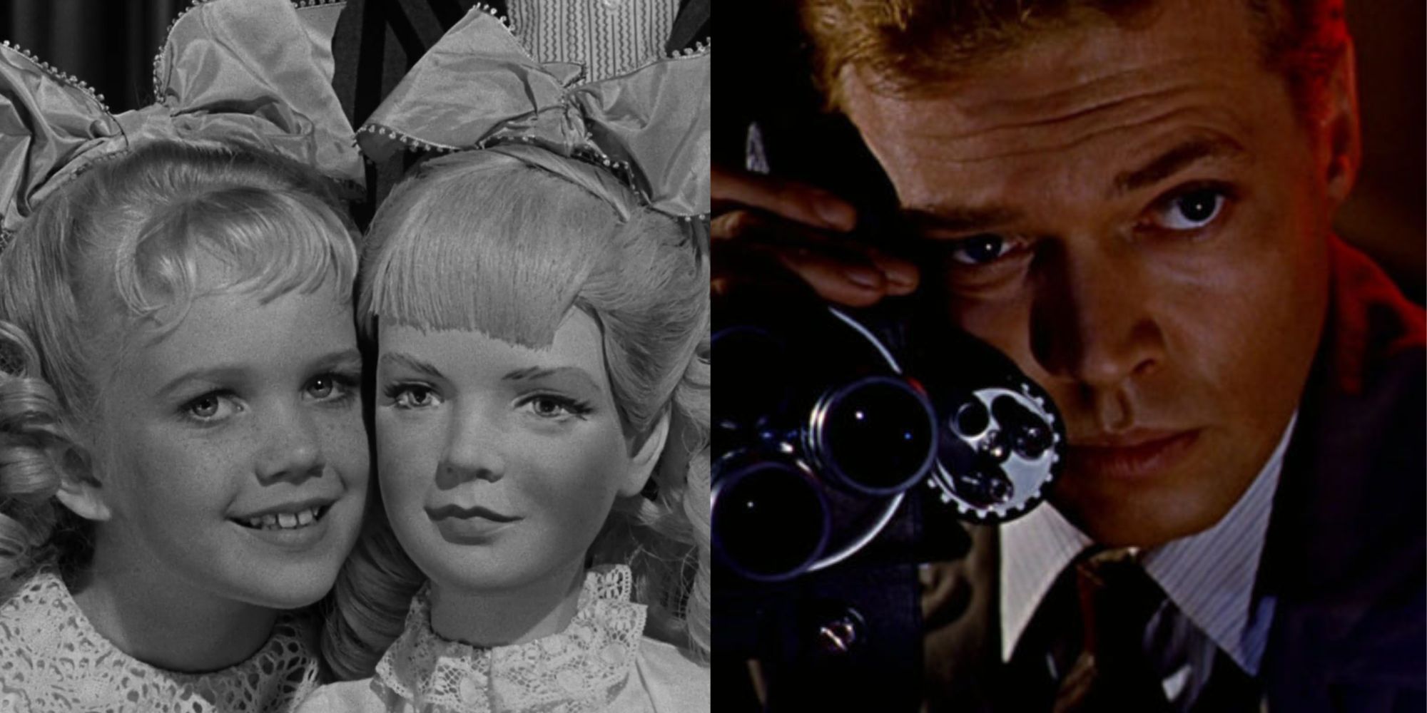 Still image from What Ever Happened to Baby Jane on the left and a till image of Peeping Tom on the right