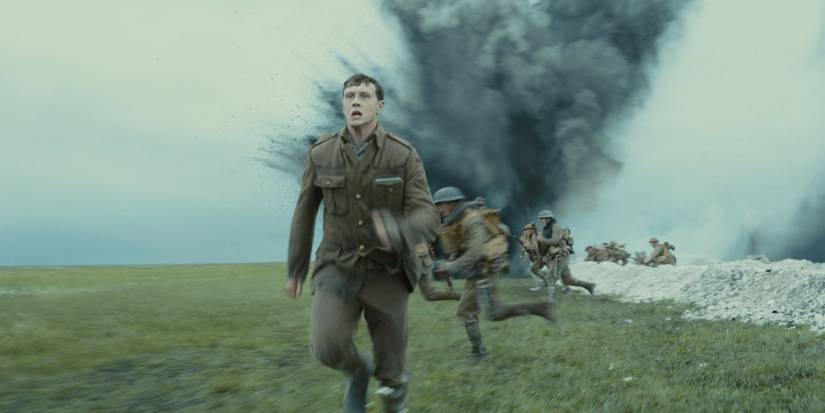 British soldier running through battlefield in 1917