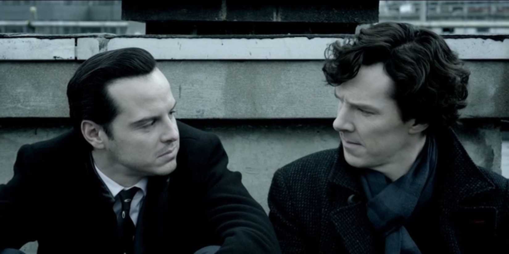 Andrew Scott and Benedict Cumberbatch talking in Sherlock.