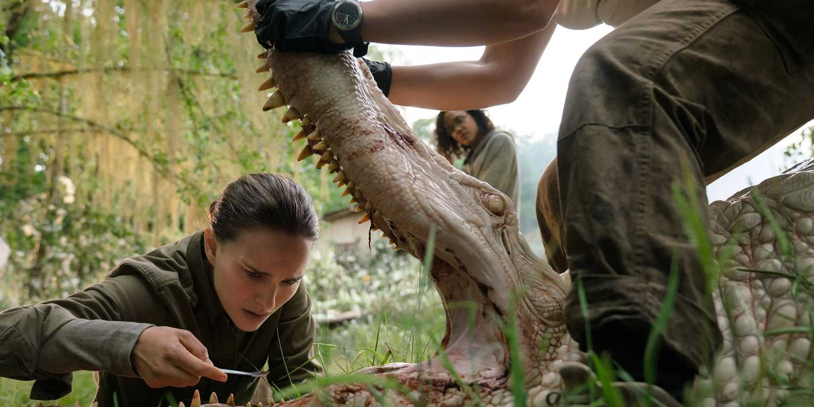 Natalie Portman as Lena investigating an alligator in the Shimmer in 'Annhilation.'