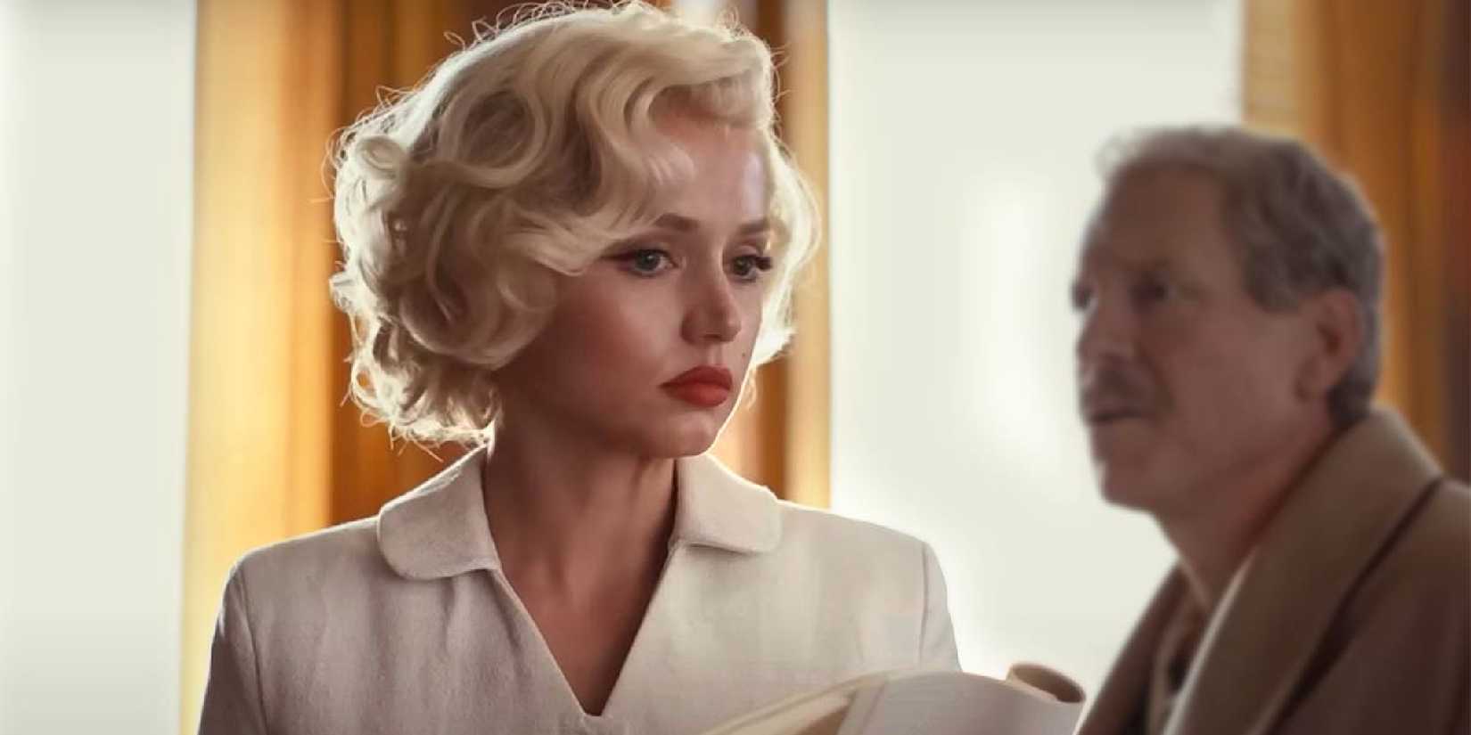 Ana de Armas, looking sad, as Marilyn Monroe in Blonde