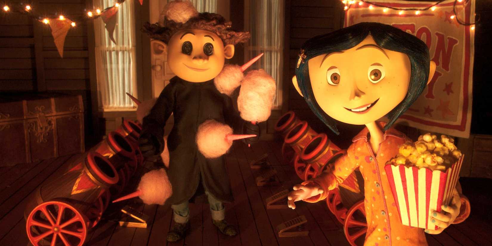 Coraline with popcorn next to a person with button eyes and cotton candy in Coraline.