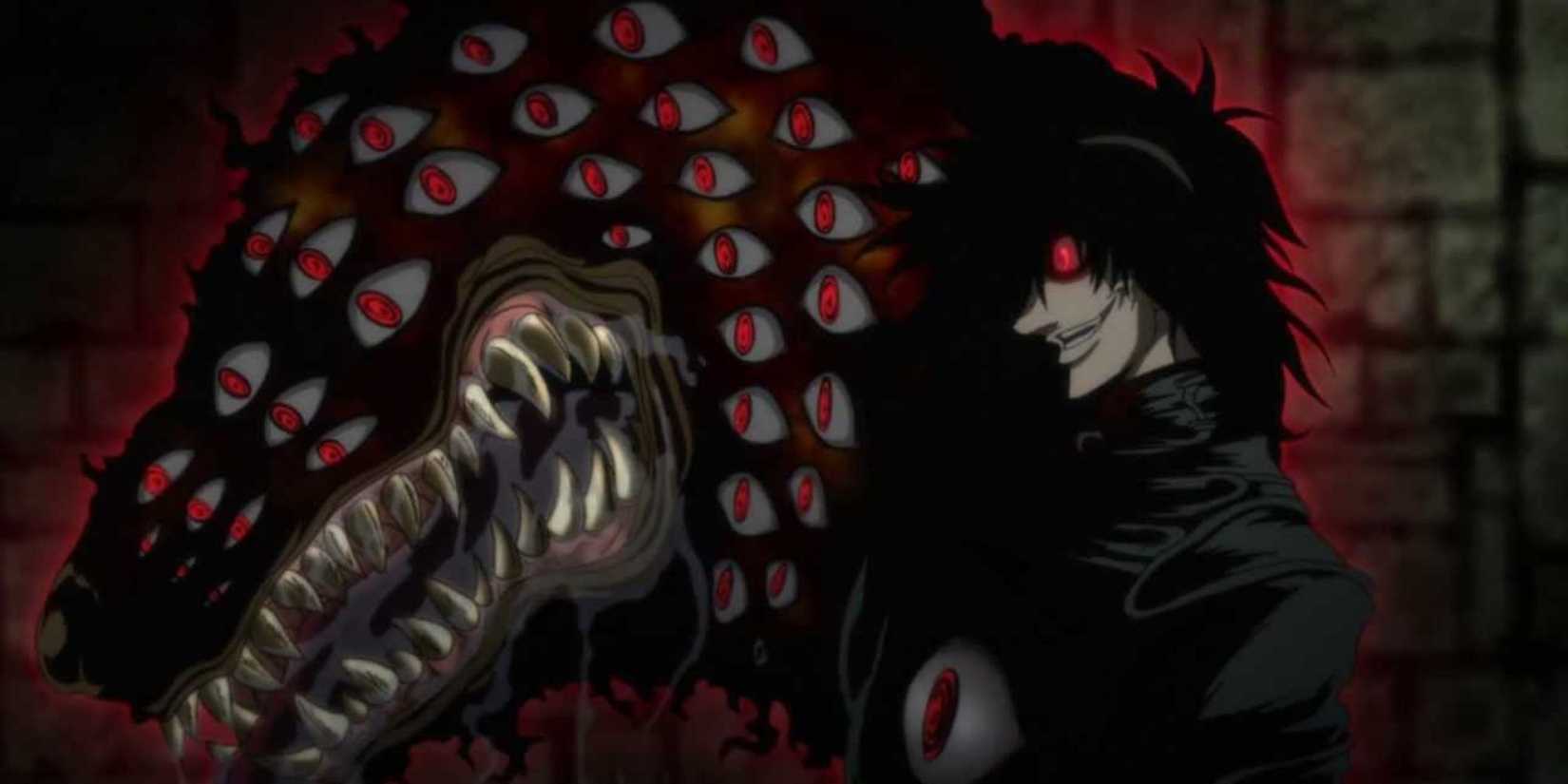 A snarling creature with many red eyes and a person standing next to it in Hellsing Ultimate.