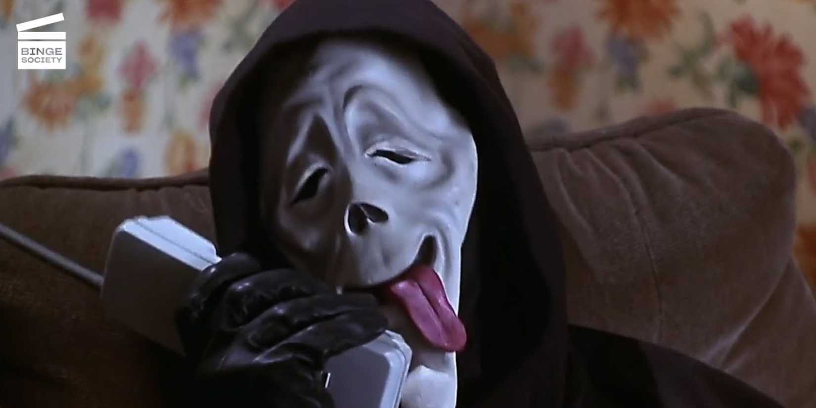 The Ghostface killer making a funny face while sticking his tongue out on the phone in Scary Movie