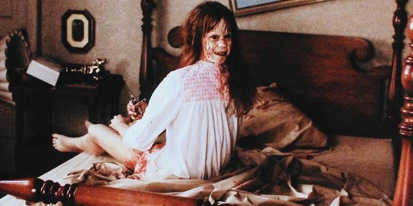 Linda Blair with her head snapped backwards in The Exorcist