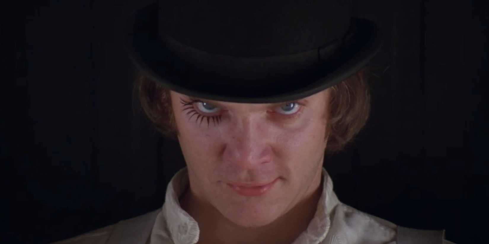 Alex DeLarge staring intently at the camera in 'A Clockwork Orange'
