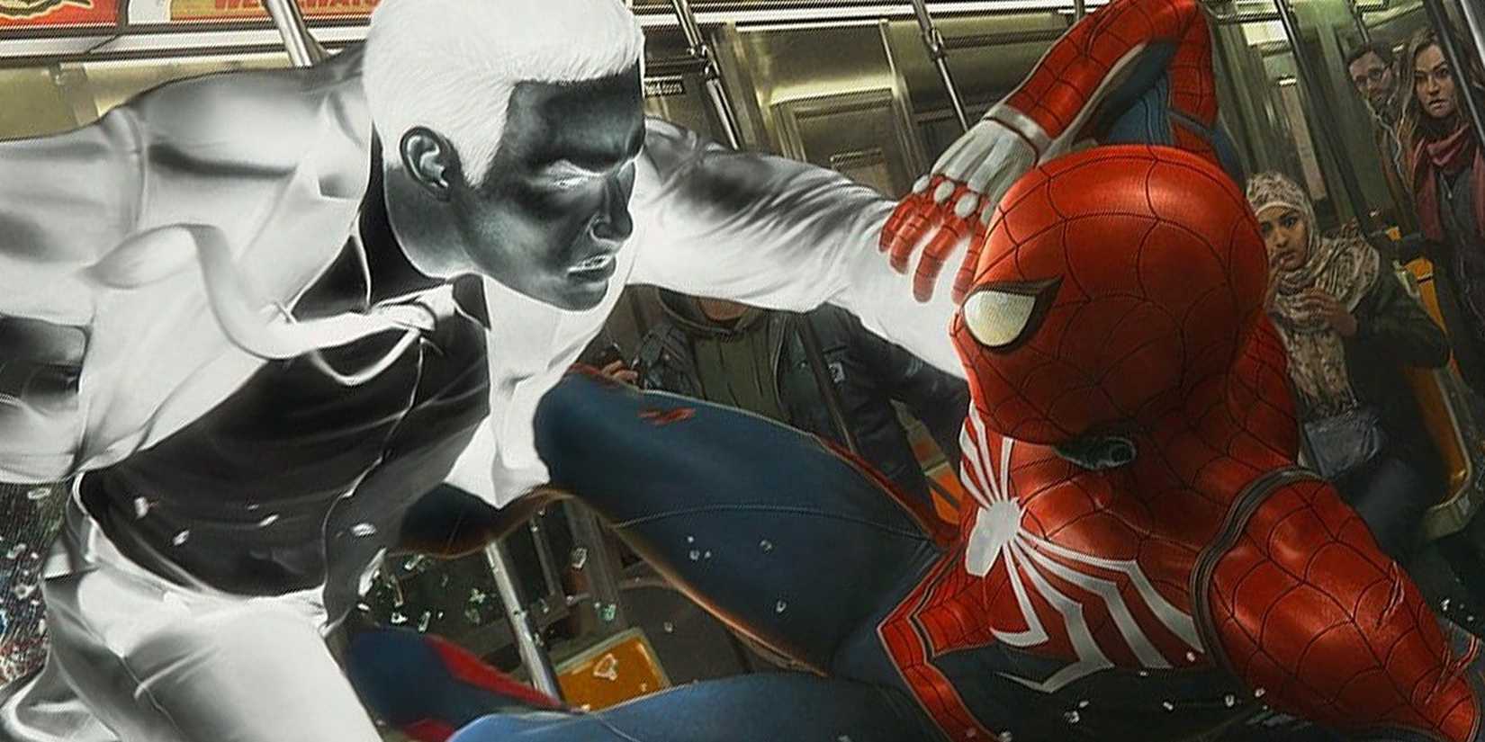 negative man trying to punch Spider-Man in the subway