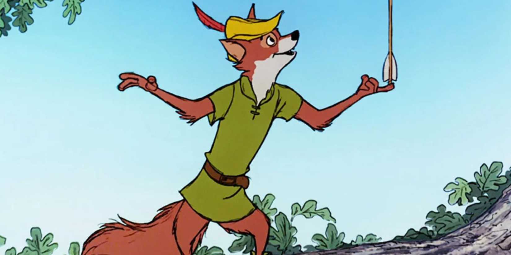 Robin Hood the fox balances an arrow on one finger in Disney's animated Robin Hood