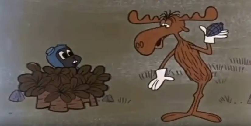 Rokijs ir nobažījies, jo Bullwinkle tur granātu