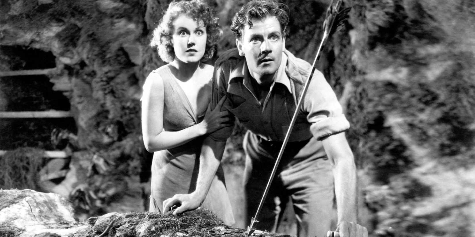 Fay Wray as Eve and Joel McCrea as Robert look shocked in The Most Dangerous Game