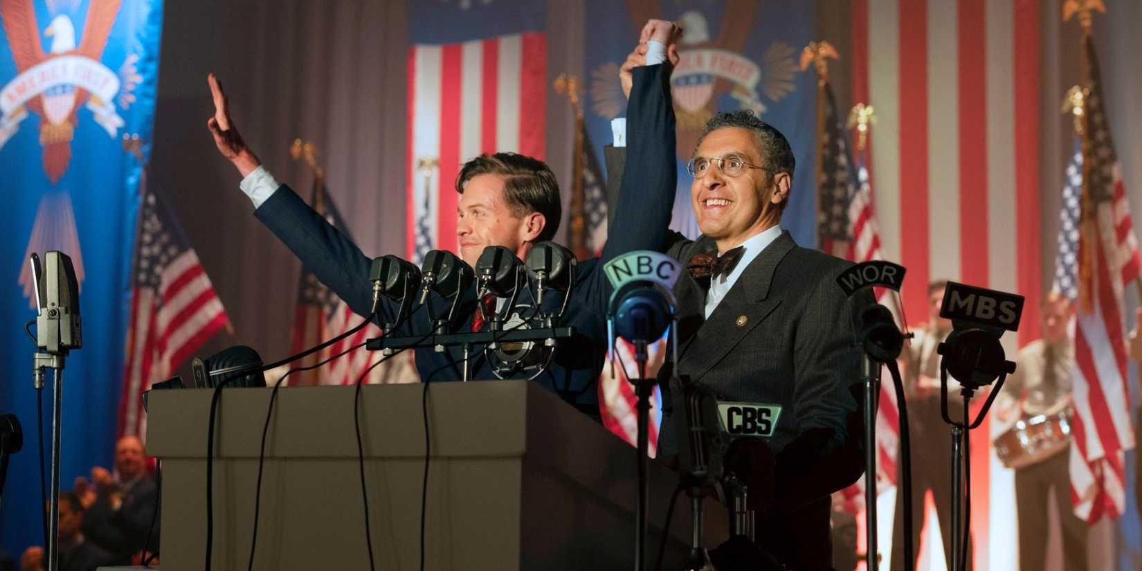 Rabbi Lionel Bengelsdorf (John Turturro) endorses Charles Lindbergh (Ben Cole) for President in 'The Plot Against America'.