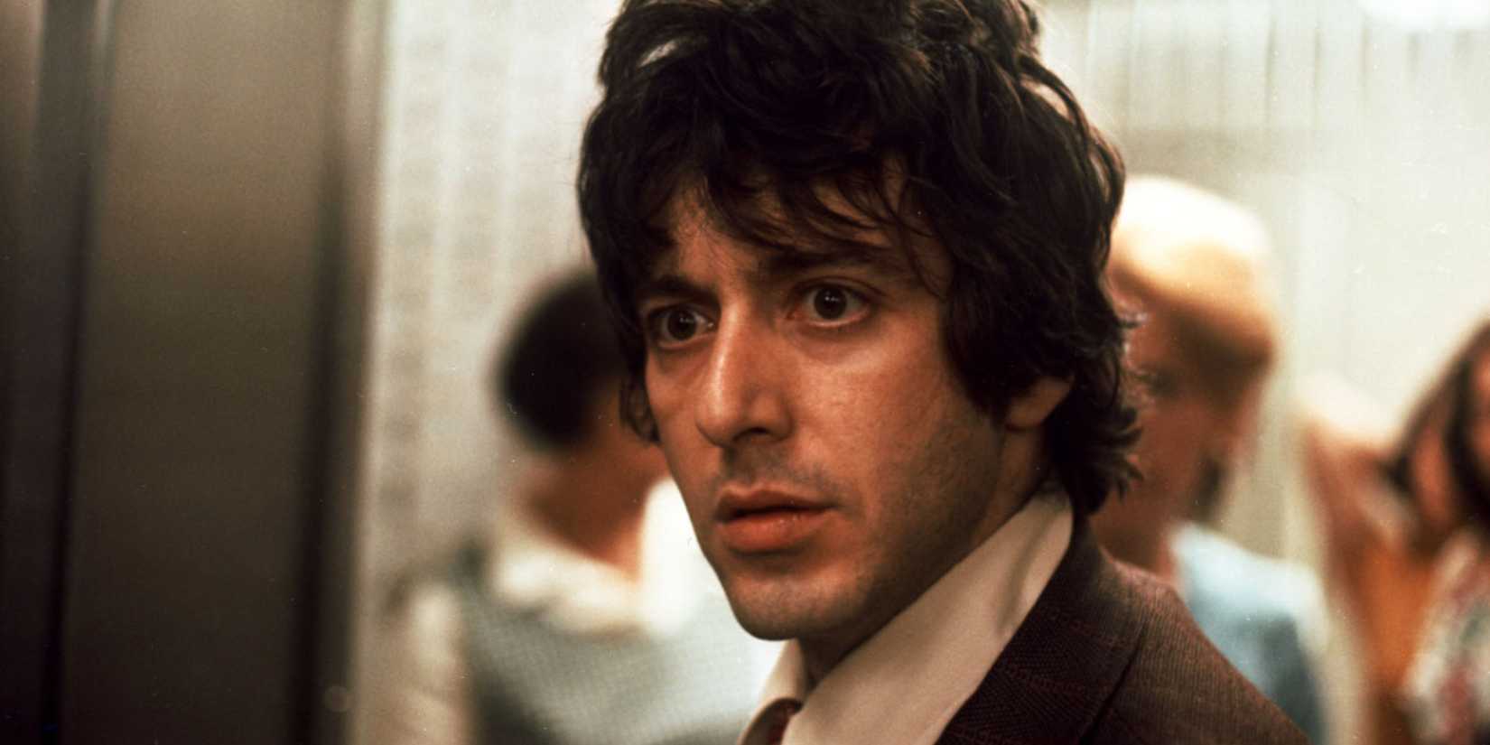Al Pacino as Sonny Wortzik looking surprised at a person offscreen in Dog Day Afternoon