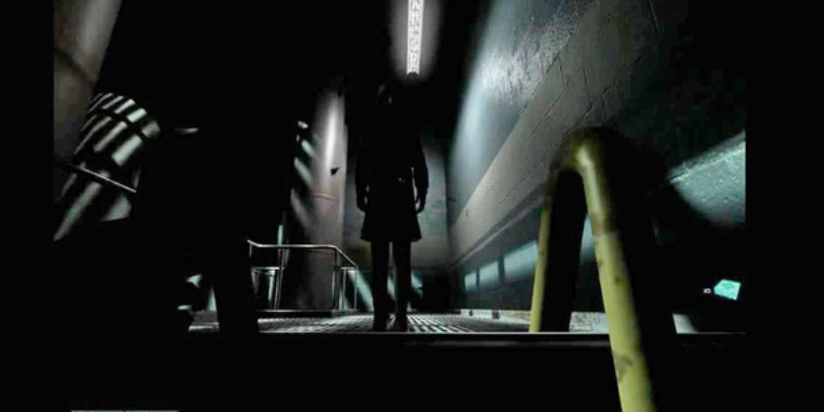 A F.E.A.R. agent descends a ladder as a shadowy figure of a child appears at the top of it