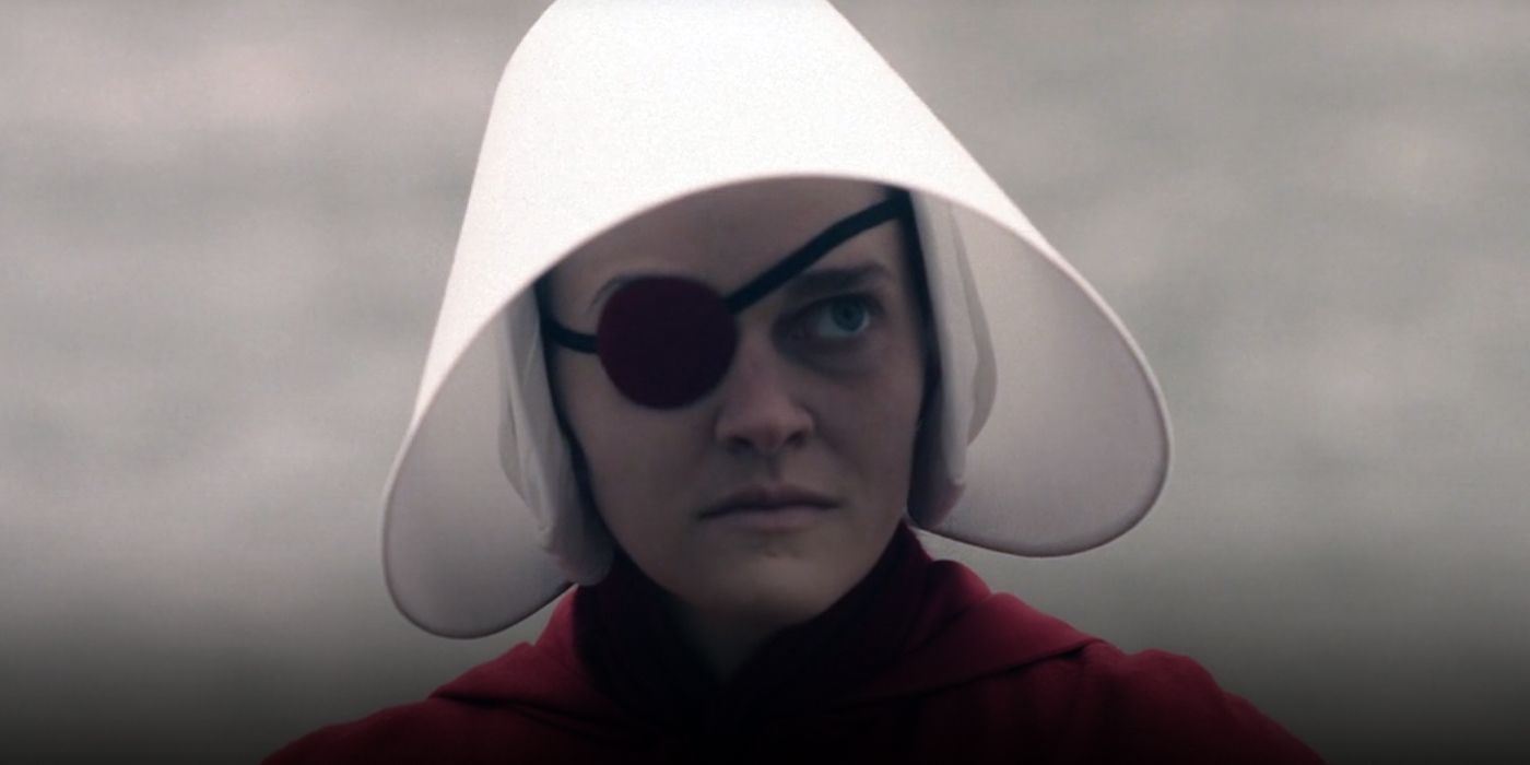Madeline Brewer as Janine wearing an eyepatch in The Handmaid&rsquo;s Tale Season 5.