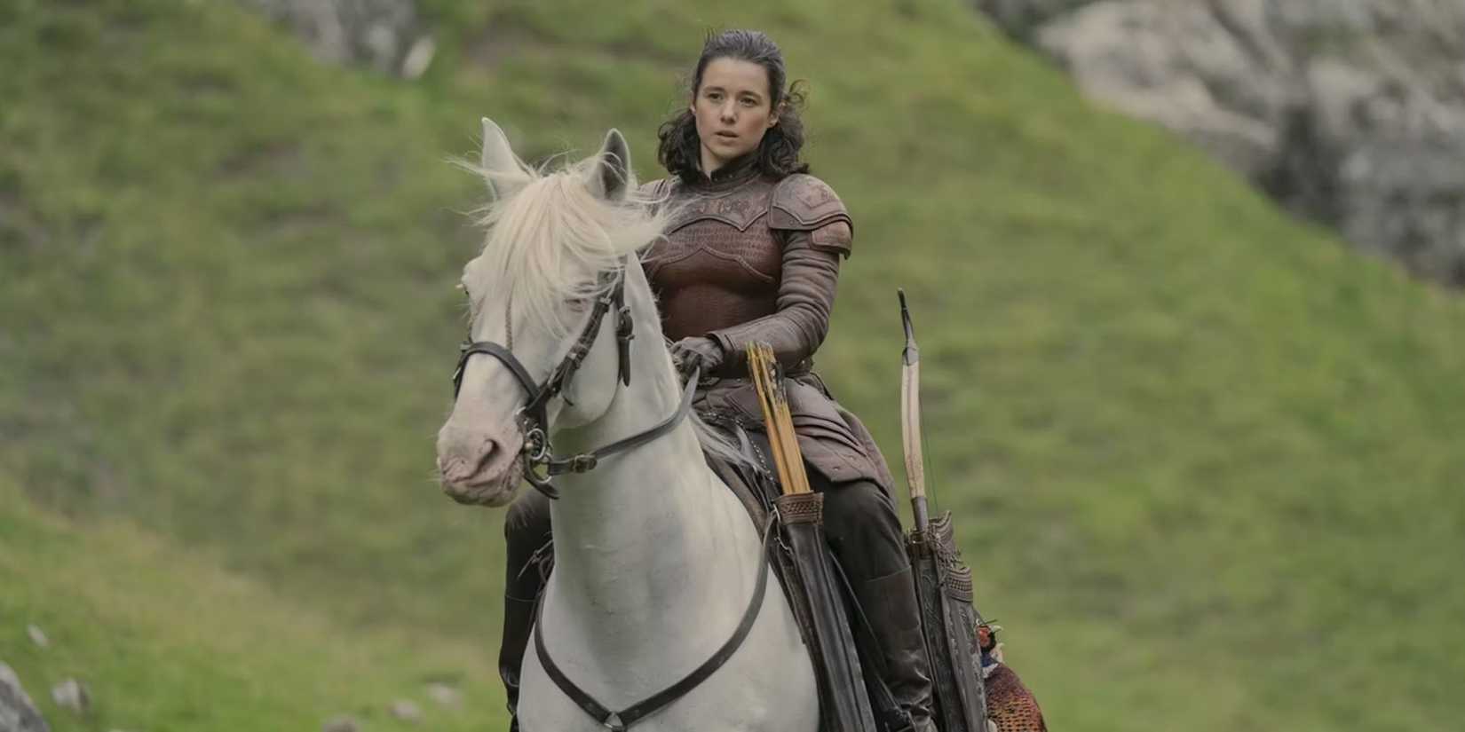 A woman wearing armor on horseback in 'House of the Dragon'