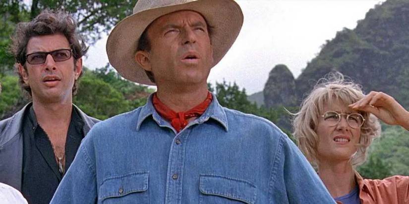 Dr. Ian Malcolm, Dr. Alan Grant, Dr. Ellie Sattler looking ahead in Jurassic Park