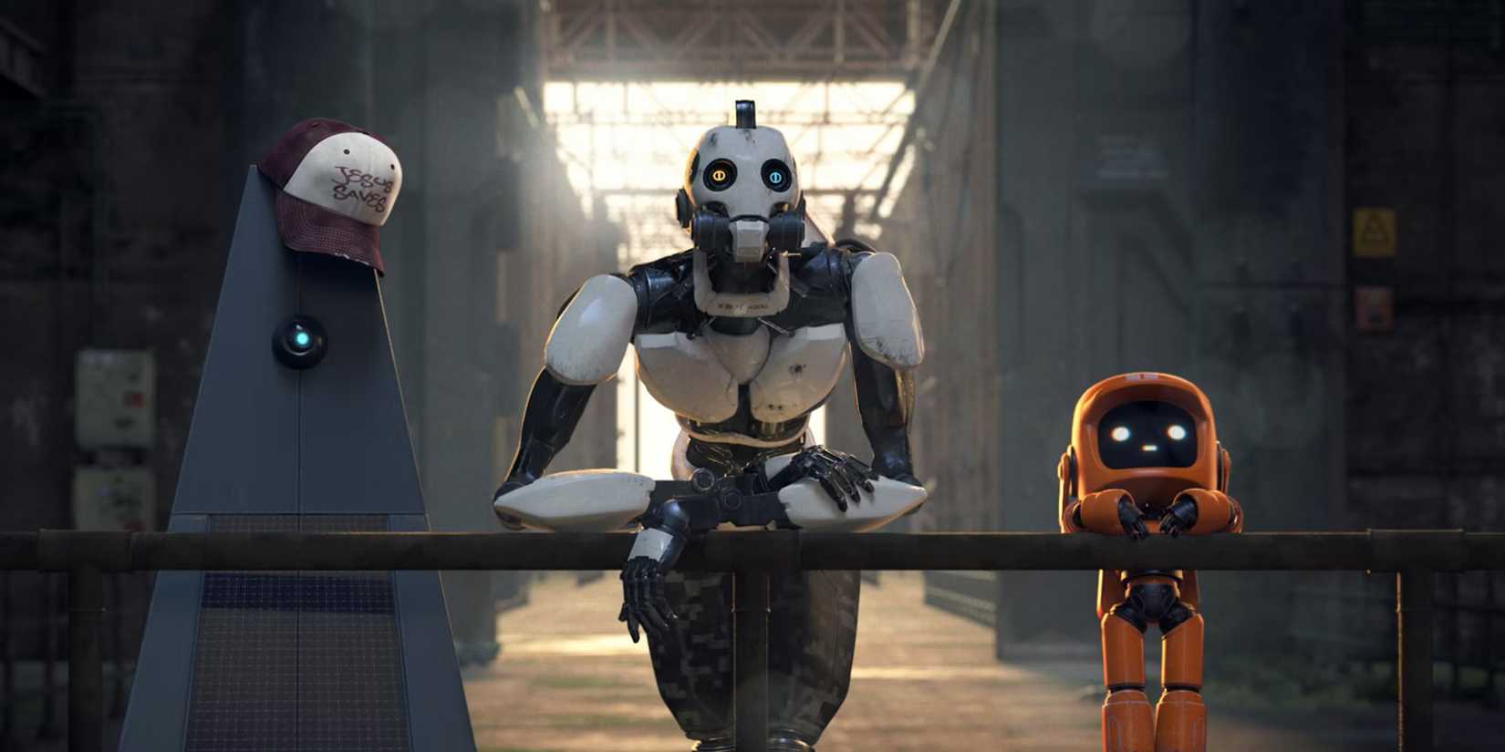 Three robots sitting at a table in Love, Death & Robots.