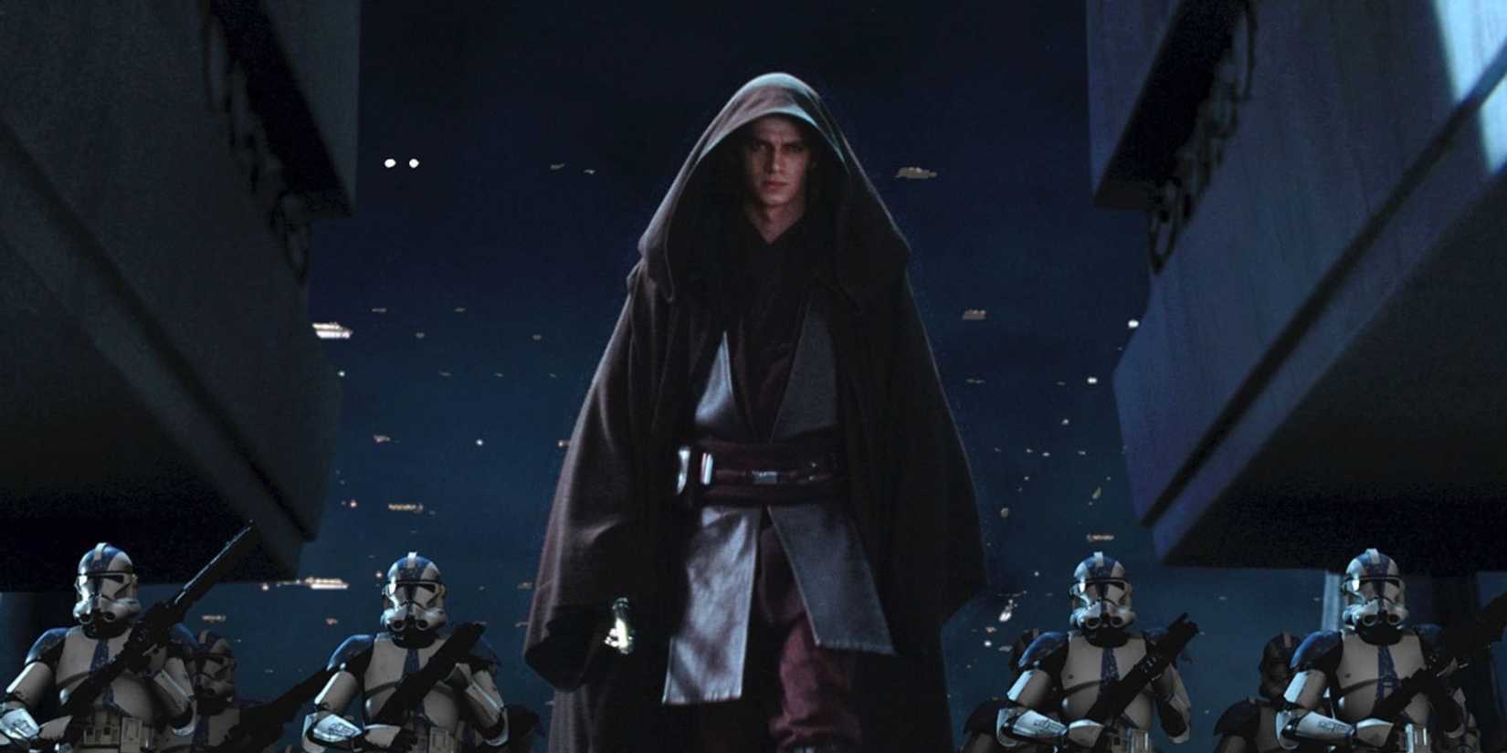 Anakin Skywalker walking decidedly with an army of clones behind him in Star Wars Revenge of the Sith