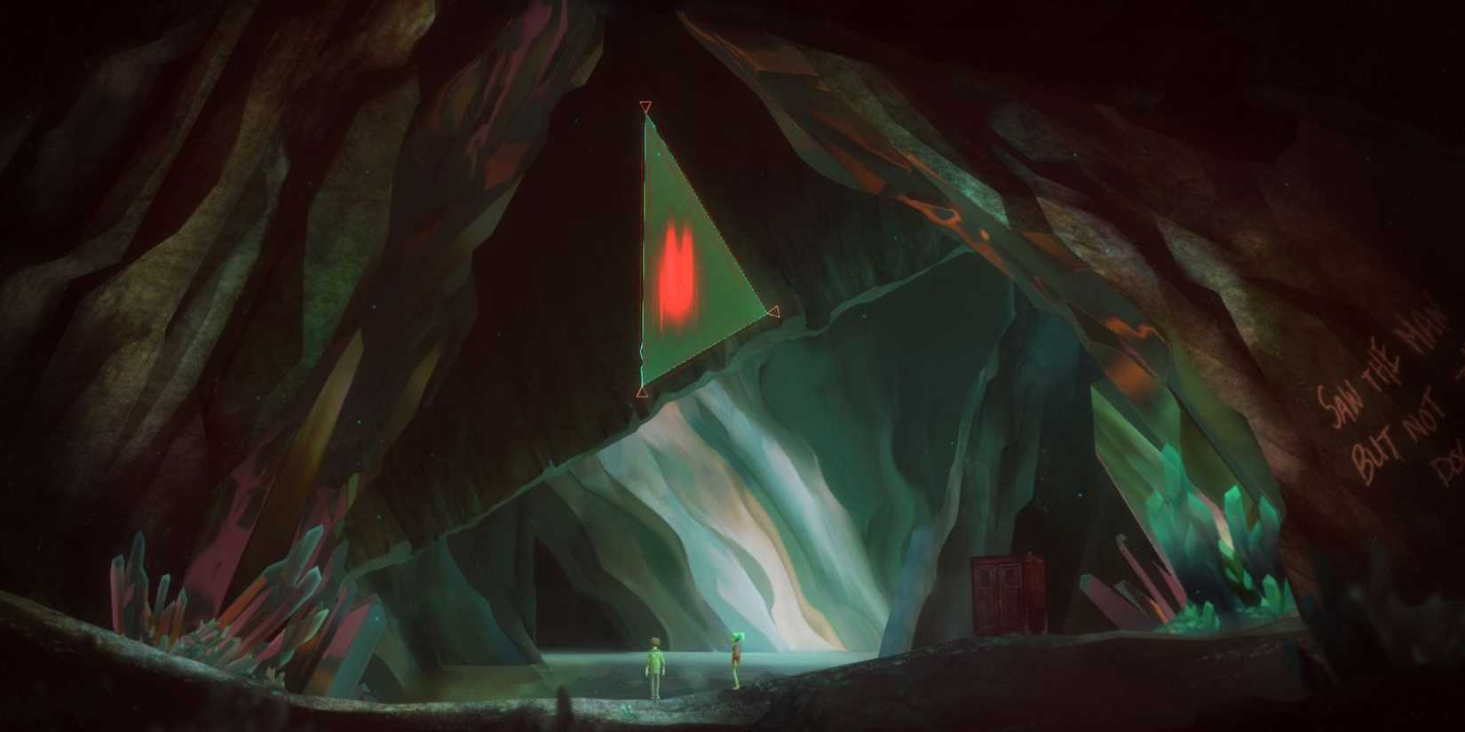 Jonas and Alex stand in a cave and stare in awe at the triangular temporal rift that has just opened above their heads