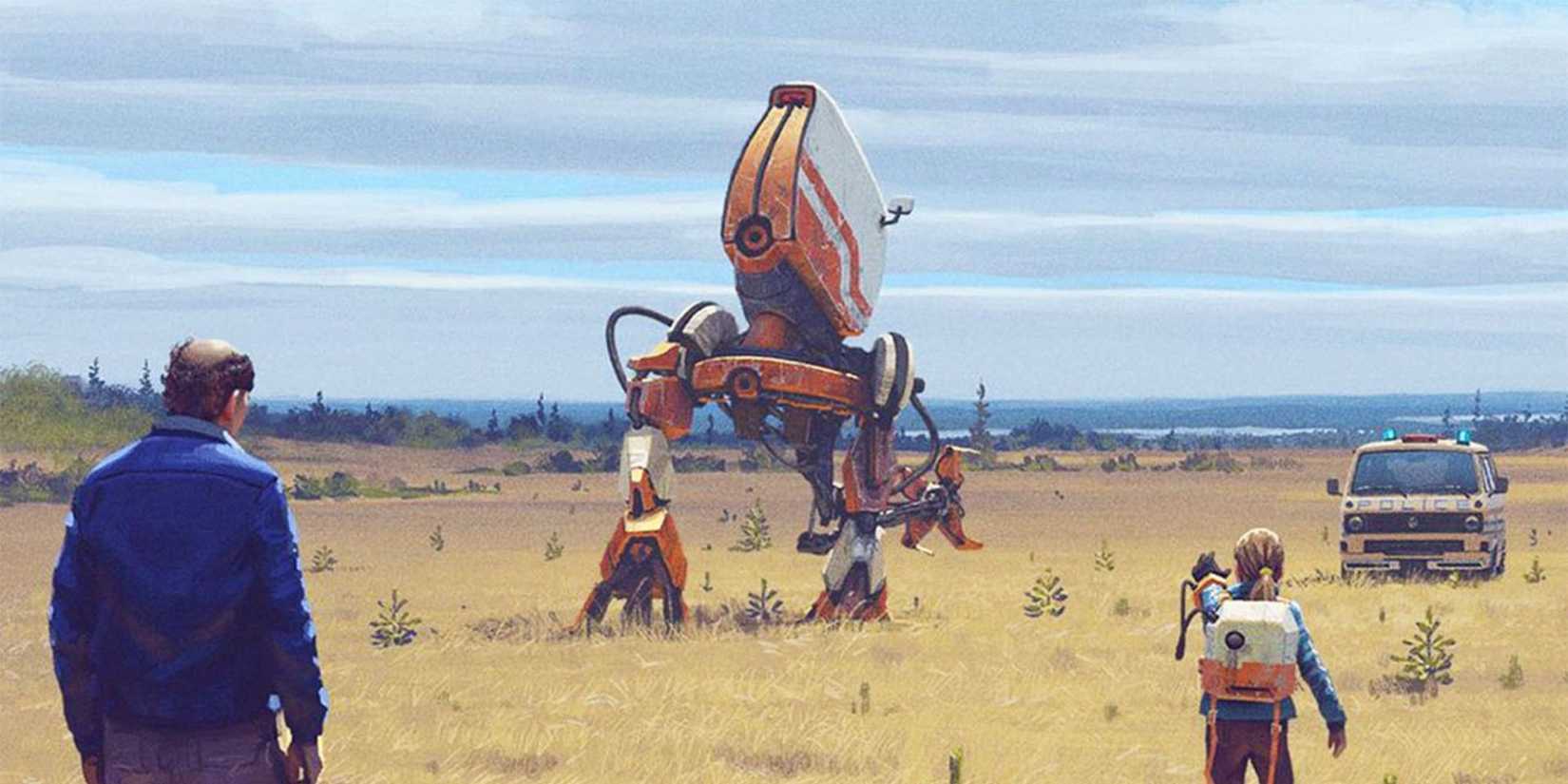 A robot standing in the middle of the field with people and a car around in Tales From the Loop.