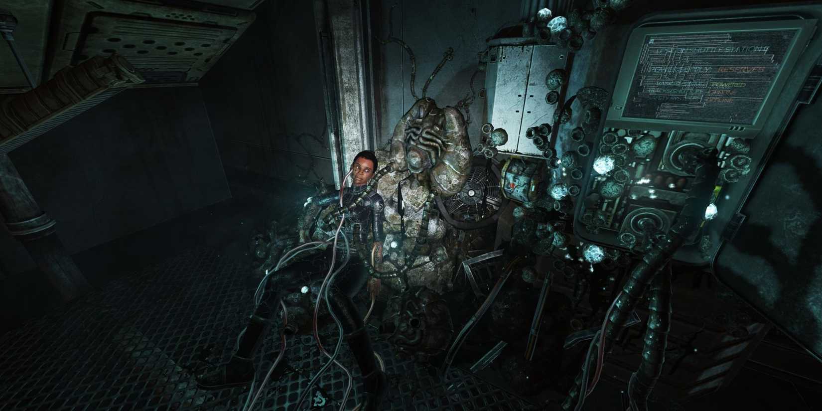 A corpse is found with a messy, biomechanical growth growing from it